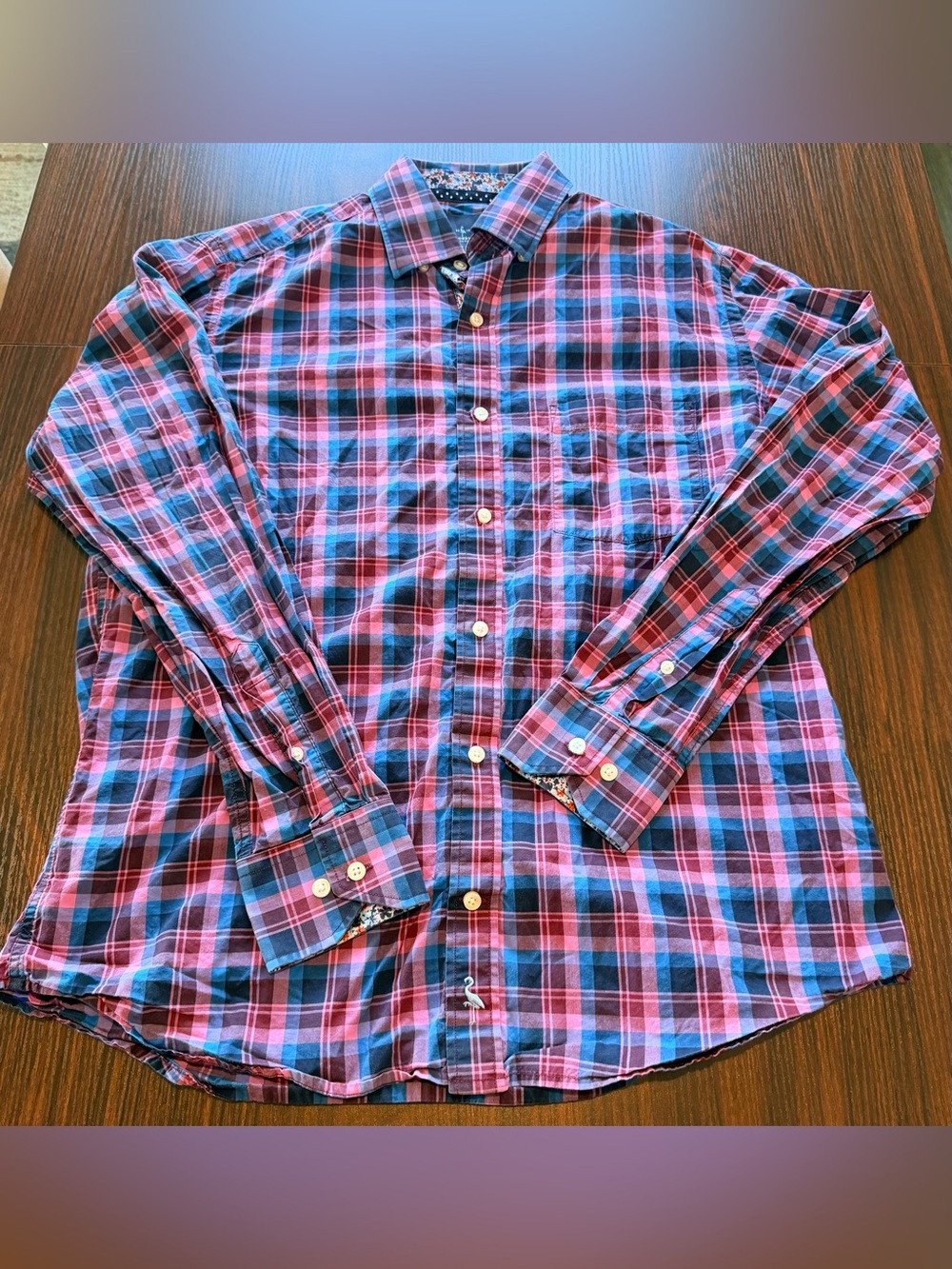 TailorByrd Collection Mens Plaid Long Sleeve Button Down Shirt Floral Trim M